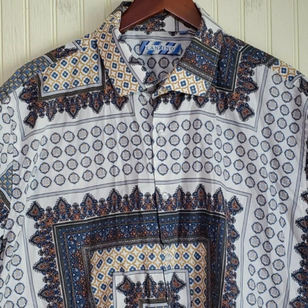 Lanzino Shirt Mens 2XL White Geometric Short Sleeve Button Up Cotton Casual